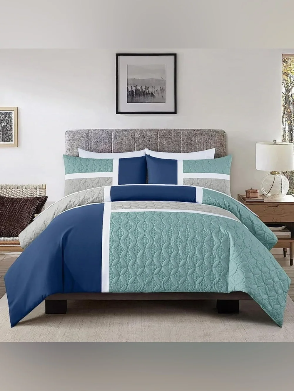 Blue and Teal Quilted Comforter Set - Modern Patchwork Bedding
